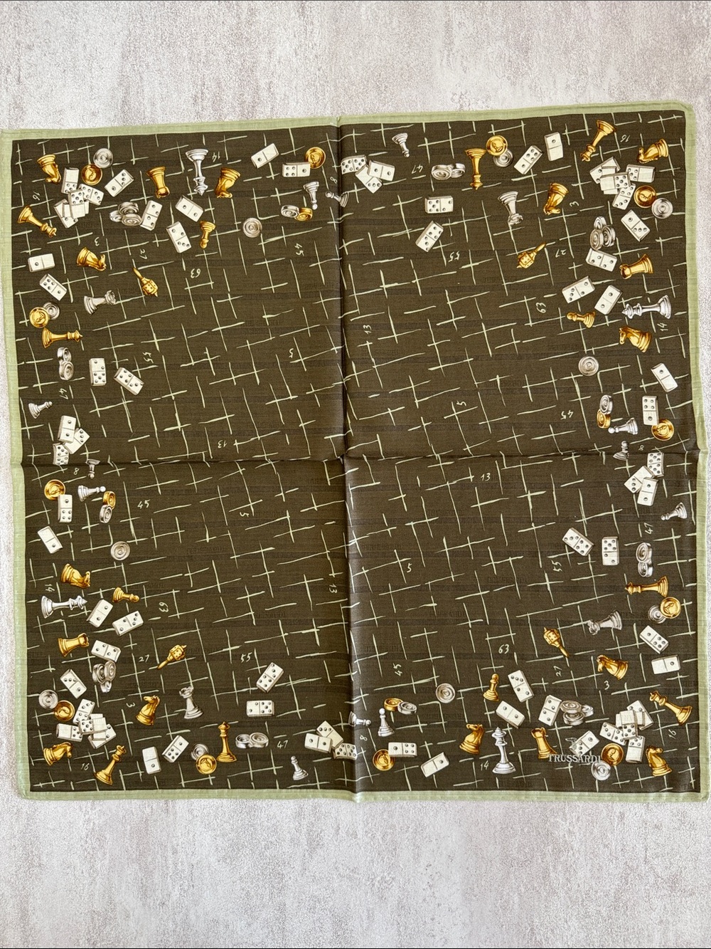 Trussardi Olive Green cotton Scarf with Gold and White Motifs
